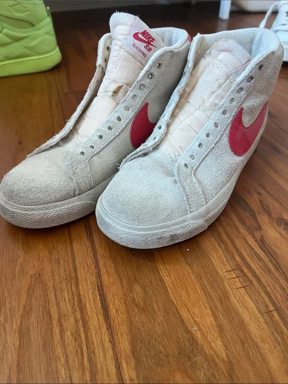 Nike High-Top Suede Sneakers - Cream with Red Swoosh no laces